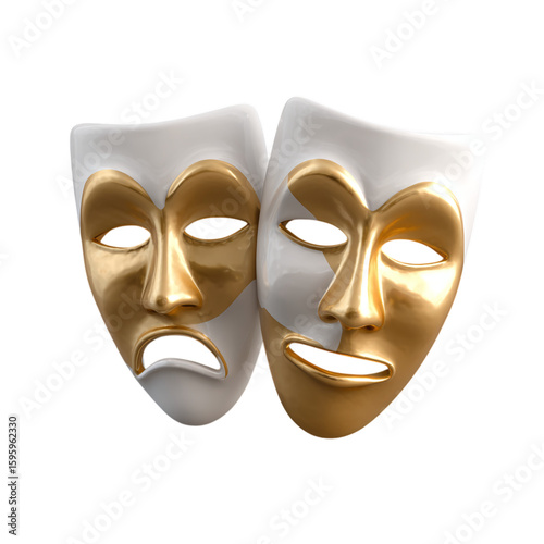 theater masks icon, 3D clay comedy and tragedy mask duo in white and gold, floating cultural icon render
