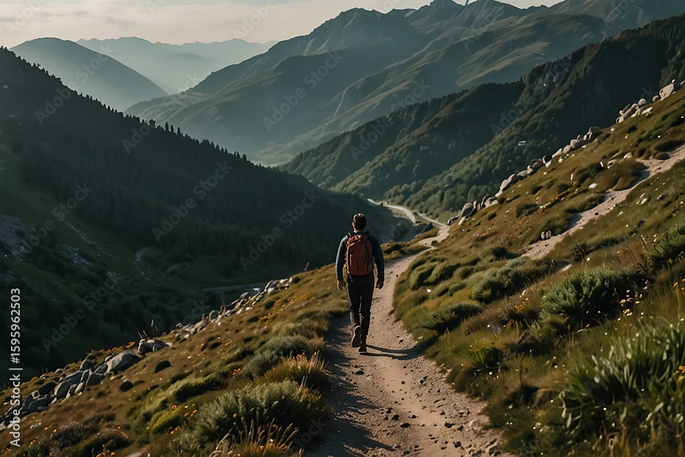 Obraz premium Lone Hiker with Backpack Descending a Winding Mountain Trail with Vast Valleys and Peaks in the Background