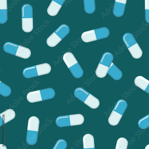 Seamless pattern of blue and white capsules on a dark teal background
