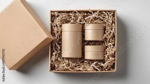 Kraft box with beige cosmetic containers and shredded paper filler