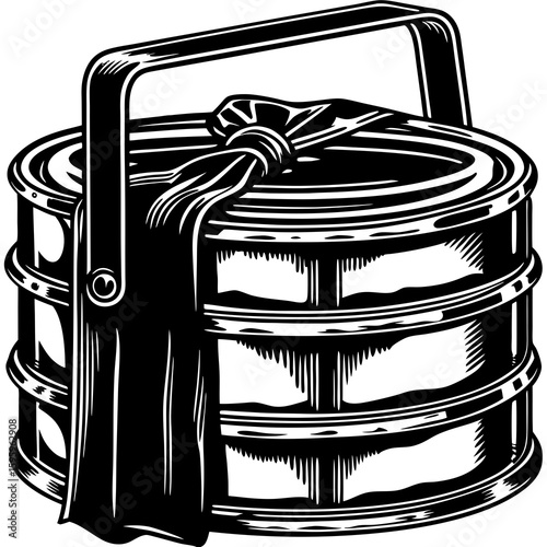 Illustration of a black and white tiffin carrier with a handle and cloth tied around the top layer