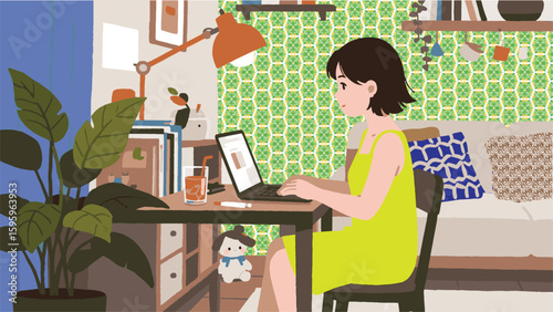 Woman in green dress working from cozy room with laptop.