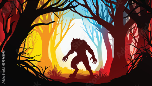 Silhouette of a werewolf standing in a colorful forest with trees and foliage at dusk or dawn scene