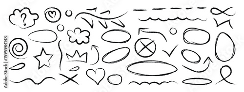 Hand drawn line chalk brush stroke set. Chalk crayon circle, underline, check mark, cross, scribble and texture in rough hand sketch style. Drawn heart, crown, frame, star design shapes.