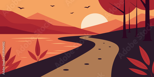 Curved Forest Path by Calm Lake with Lilies