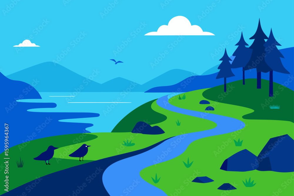 Fototapeta premium Mossy Trail Winding by Blue Lake with Birds