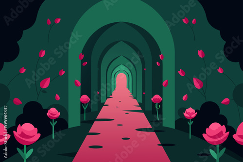 Hidden Path through Rose Covered Archways in Mist
