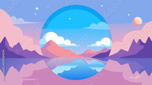 dreamy watercolor style landscape with a mirror lake