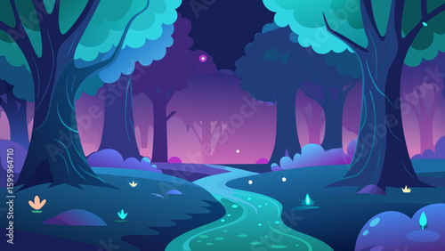 magical forest of luminous trees with glowing streams