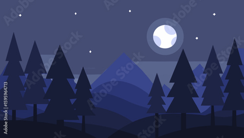 minimal night forest scene with moonlight cutting through
