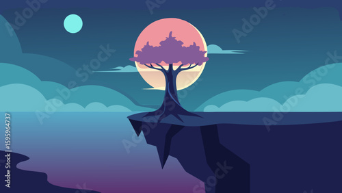 mystical tree on a cliff glowing sky reflected in lake