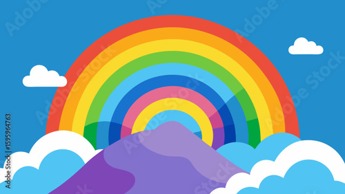 rainbow colored clouds over a spiral shaped mountain