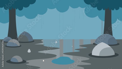 rainy forest landscape with puddles reflective water