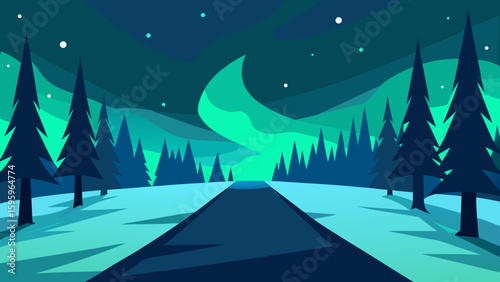 snowy forest path under glowing aurora borealis sky