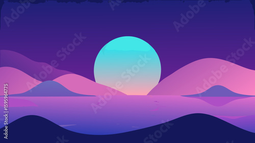 softly glowing surreal hills with a wavy lake and fog