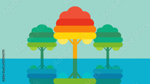 stylized layered trees with exaggerated reflections in lake