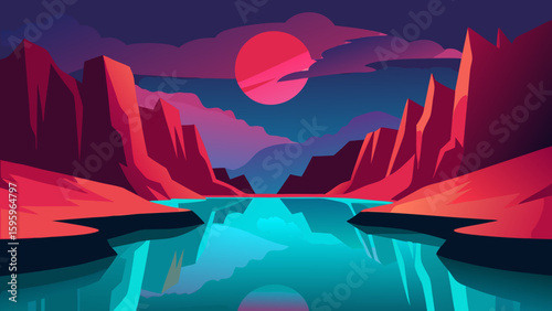 stylized canyon landscape reflected in surreal neon light
