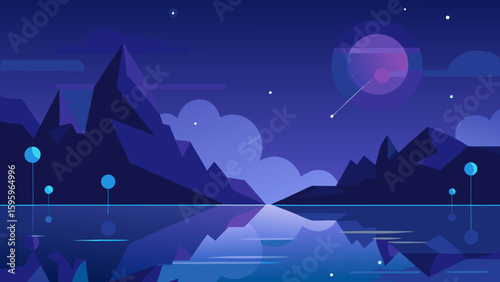 fantasy night lake with constellations reflected clearly