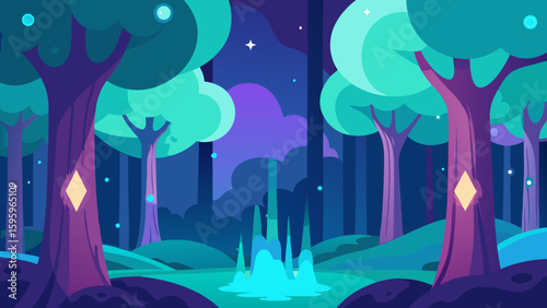 magical forest of luminous trees with glowing streams