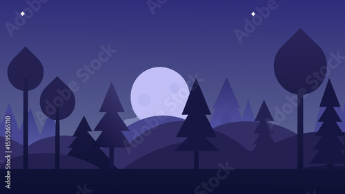 minimal night forest scene with moonlight cutting through