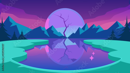 magical landscape with a cracked mirror lake reflection