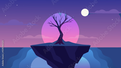 mystical tree on a cliff glowing sky reflected in lake