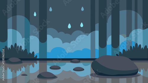 rainy forest landscape with puddles reflective water