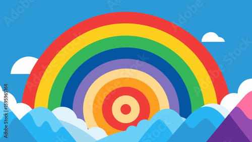 rainbow colored clouds over a spiral shaped mountain
