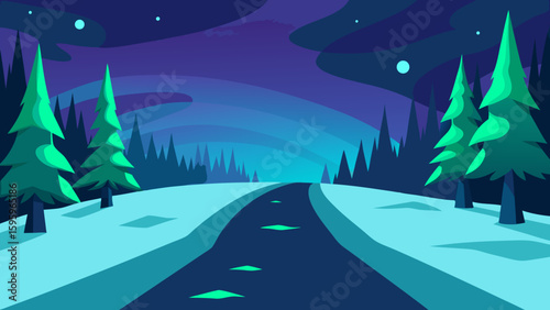 snowy forest path under glowing aurora borealis sky