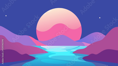 softly glowing surreal hills with a wavy lake and fog