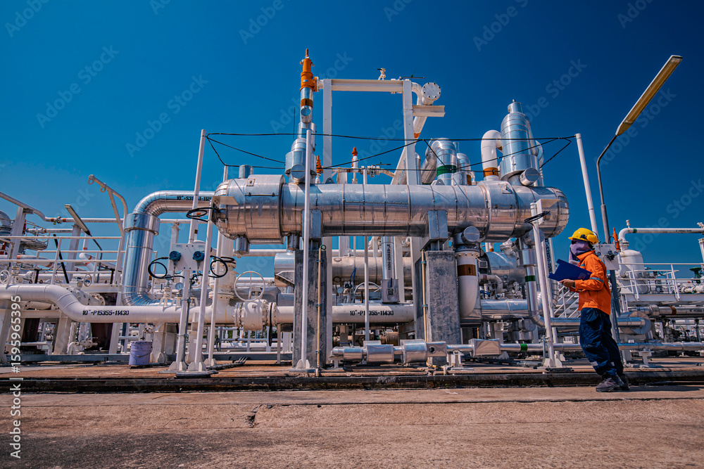 Naklejka premium Male worker inspection at steel long pipes and pipe elbow in station oil factory during refinery valve of visual check record