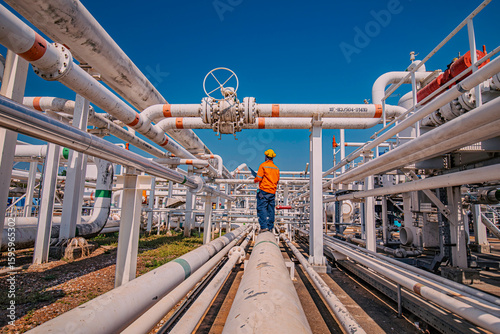 Male worker inspection at steel long pipes and pipe elbow in station oil factory during refinery valve of visual check record