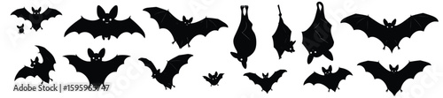 Silhouette of Bats in Flight: A collection of dark silhouettes of bats, their wings spread wide, a captivating image for Halloween projects. It captures the ominous presence of a bat.