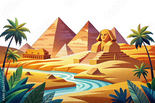 Flat vector illustration of Egyptian desert landscape with pyramids and Sphinx. Panoramic cartoon background, historical Egypt landmarks, ancient civilization, African nature, hot arid environment