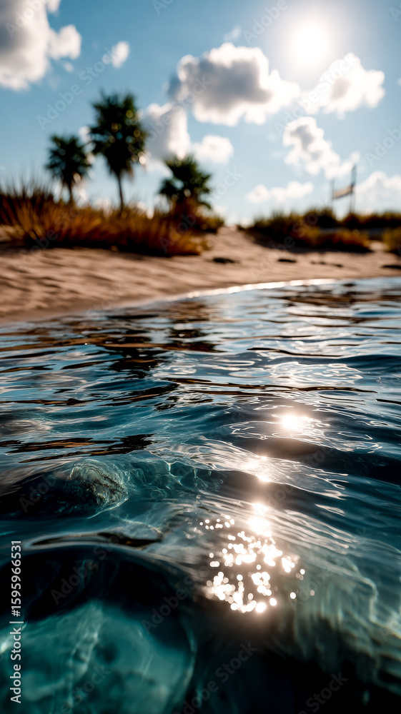 Obraz premium An underwater and above water view of clear ocean water on a sunny beach with distant palm trees.