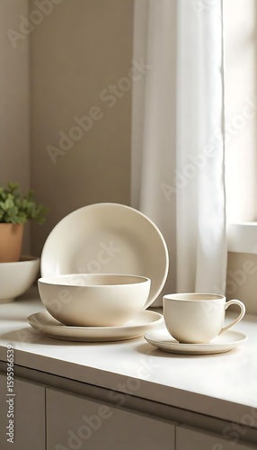 Wallpaper Mural Generative AI image of minimalist ceramic dishware arrangement with natural lighting in a kitchen Torontodigital.ca