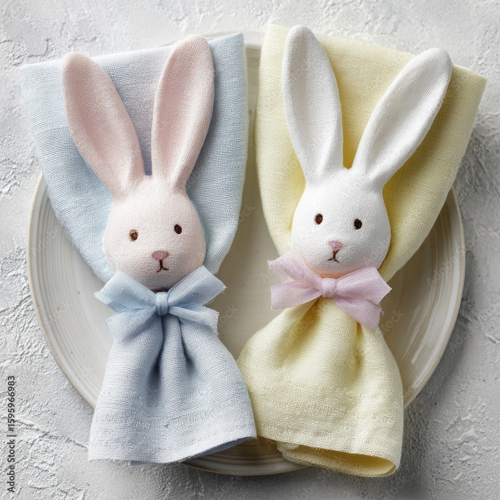 Obraz premium Two pastel-colored Easter bunny napkin holders