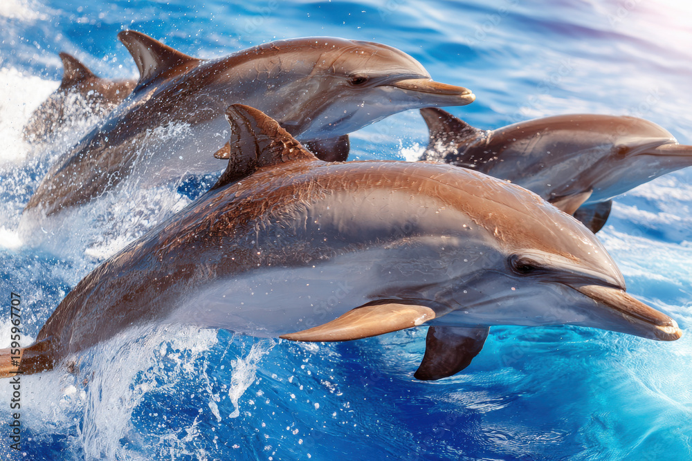 Fototapeta premium Dolphins swimming in ocean waves, showcasing their playful nature and agility. scene beauty of marine life