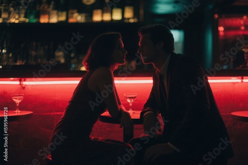 Close Couple in Red-Lit Bar