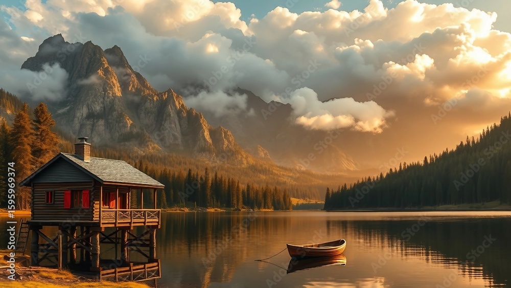 Fototapeta premium Eine ruhige Hütte auf Stelzen am See mit einem Boot, umgeben von Bergen und goldenem Licht. JPG mit malerischer Landschaft.