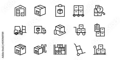 Warehouse & Inventory Vector Icon Set – Logistics, Cargo, Delivery, Packaging, Barcode, Forklift, Supply Chain | Line Style, Editable Stroke

