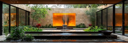 Panel kuchenny z motywem View of a serene courtyard with a water feature and lush greenery surrounded by glass walls and stone walls