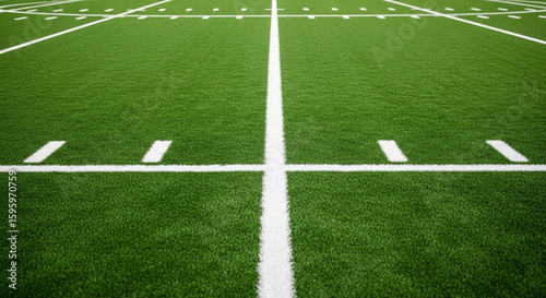 An overhead view captures the intricate white lines on a lush green football field, highlighting the texture and pattern of the playing surface