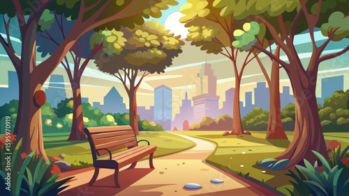 A peaceful city park featuring a wooden bench shaded by tall leafy trees, with sunlight filtering through the branches and casting soft shadows on the path