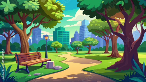 In a green city park, a lone bench is nestled under the shadows of towering oak trees, offering a cool resting spot along a paved walking trail. The breeze rustles the leaves gently overhead