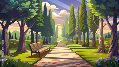 A park pathway lined with tall cypress trees leads to a small wooden bench surrounded by trimmed grass and dappled sunlight. It's the perfect place for reflection and rest