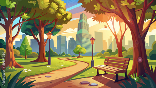 A peaceful city park featuring a wooden bench shaded by tall leafy trees, with sunlight filtering through the branches and casting soft shadows on the path