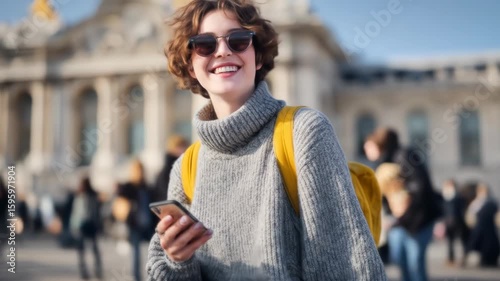 A young woman in a city, smiling, using a phone
