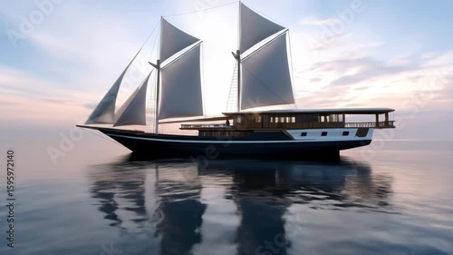Elegant sailing vessel at dawn on calm water
