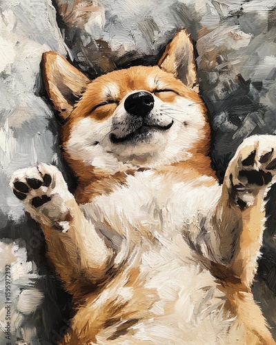 Happy dog relaxing on a comfortable surface. shiba inu.